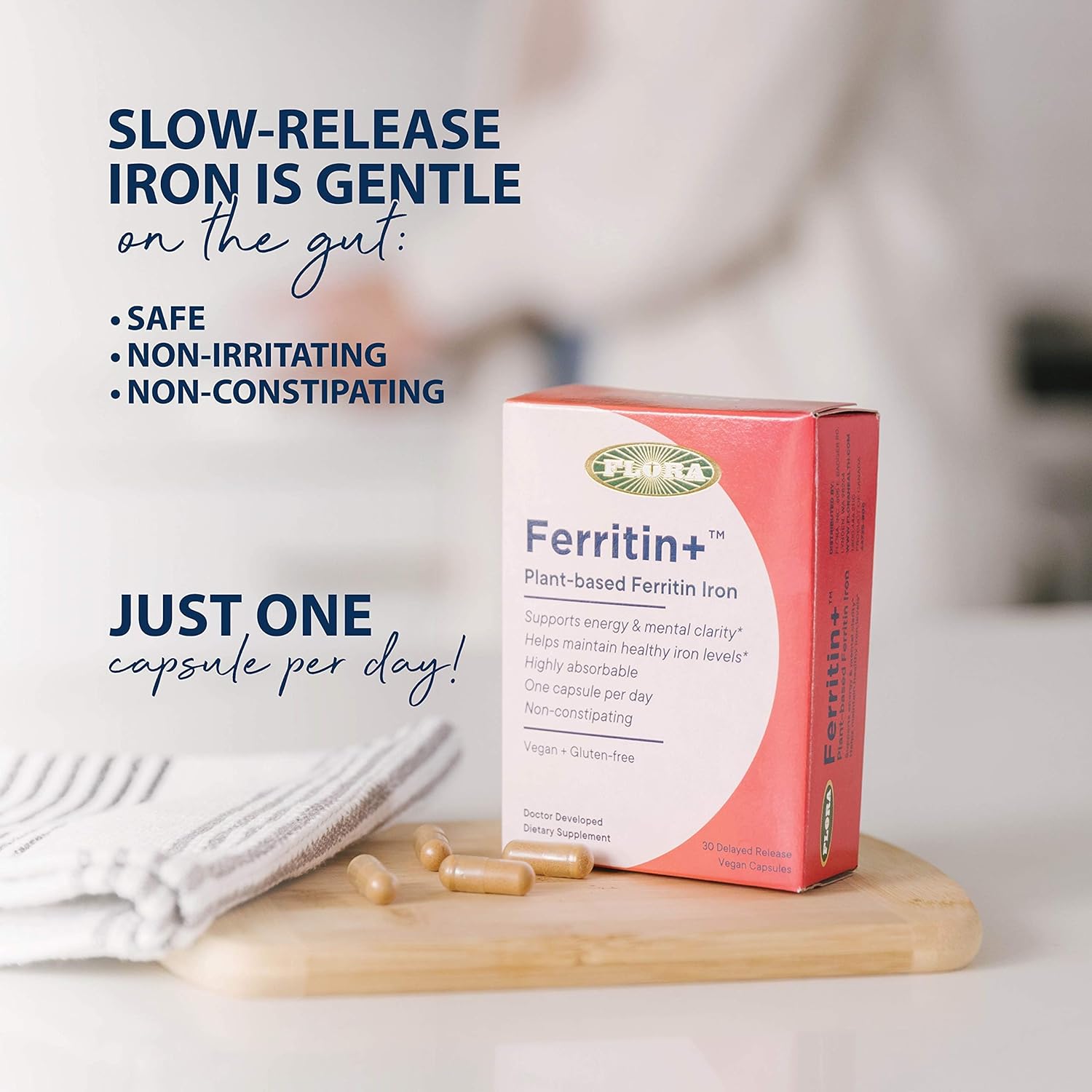 Flora Ferritin+ Delayed-Release Iron Supplement - Plant-Based Iron Supplement - Blood Cell & Energy Support - Vegan & Gluten-Free - Blister Pack - 30 Vegan Capsules