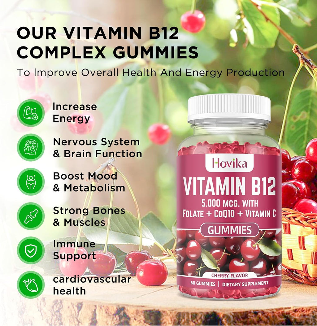 Vitamin B12 Complex 5000 mcg Methyl B12, Adenosyl B12 & Hydroxy B12, with Coenzyme Q10, Folate, Vitamin C, Chewable B 12 for Energy Support, Metabolism, Bone Health - Cherry Flavor, 2 Pack
