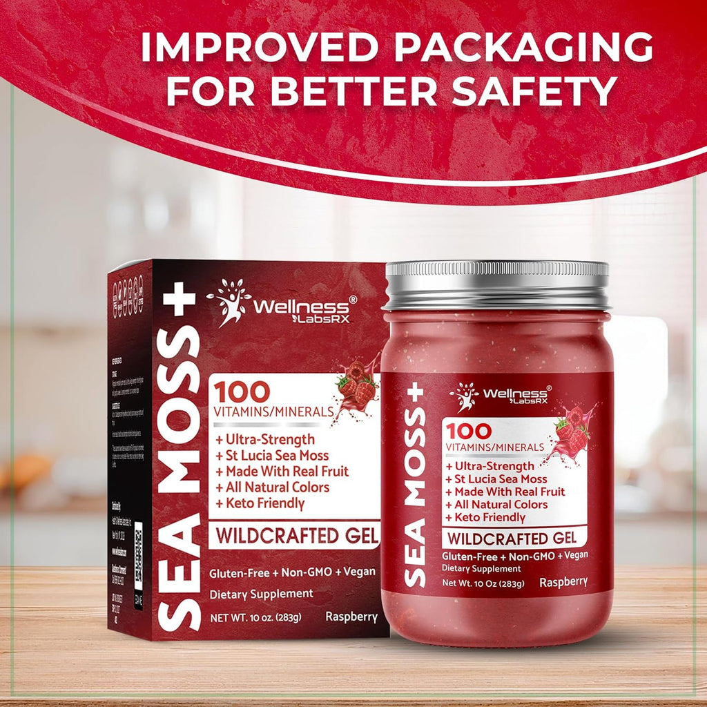Irish Sea Moss Gel Raw - Wildcrafted Superfood Seamoss Gel - Raspberry Flavor, Vitamin and Mineral-Rich from Pristine Caribbean Waters, Immune and Digestive Health Support - 10 oz.