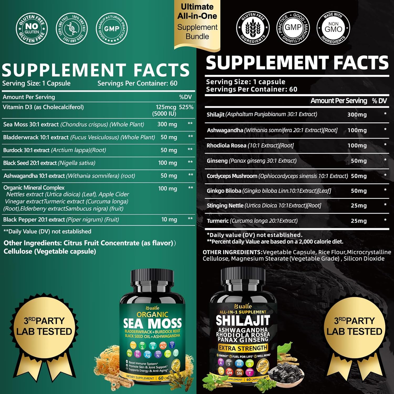 Bualle Sea Moss and Shilajit Bundle-Sea Moss 300mg,Black Seed Oil 100mg,Ashwagandha 50mg,Ginger & Shilajit 300mg,Rhodiola Rosea 100mg,Panax Ginseng 50mg,All in 1 Supplements-USA Made(2 Pack)