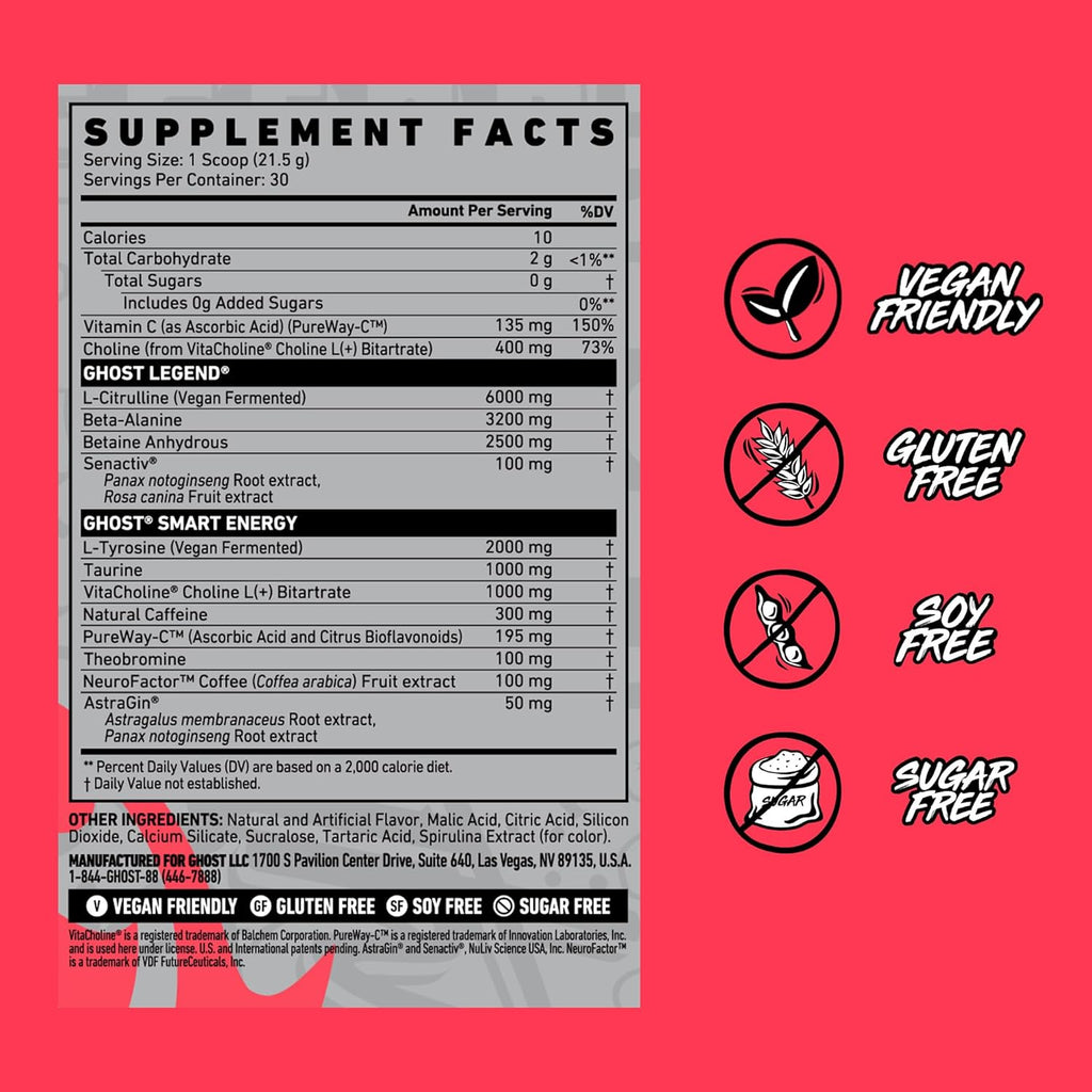 GHOST Legend Pre-Workout Powder, Blue Raspberry - 30 Servings – Pre-Workout for Men & Women with Choline, L-Citrulline, & Beta Alanine for Energy & Focus