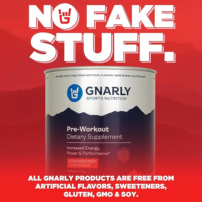 Gnarly Nutrition Natural Pre-Workout Powder, Strawberry Lemonade – NSF Contents Certified, Endurance & Recovery – Vegan Pre-Workout, Sports Nutrition – Strawberry Lemonade Caffeine Free, 14.82 oz