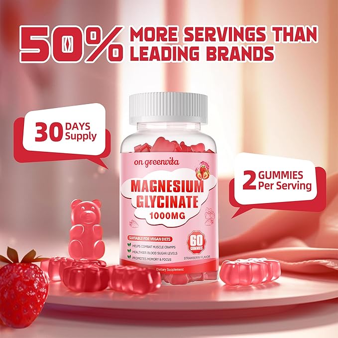 Magnesium Glycinate Gummies 1000mg - Sugar Free Magnesium Potassium Supplement with Vitamin D, B6, CoQ10 for Calm Mood & Sleep Support - 60 Strawberry Gummies