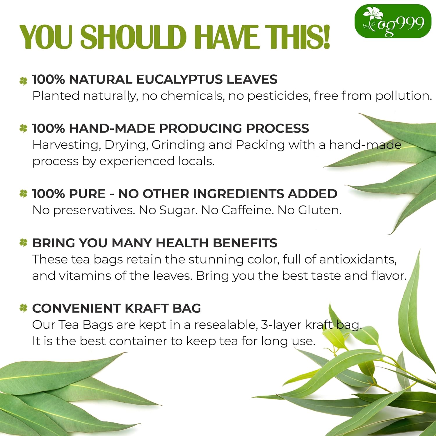 TOG999, Premium 100 Eucalyptus Leaf Tea Bags, 100% Natural & Pure. Loose Leaf Herbal Tea. No Sugar, No Caffeine, No Gluten, Vegan.