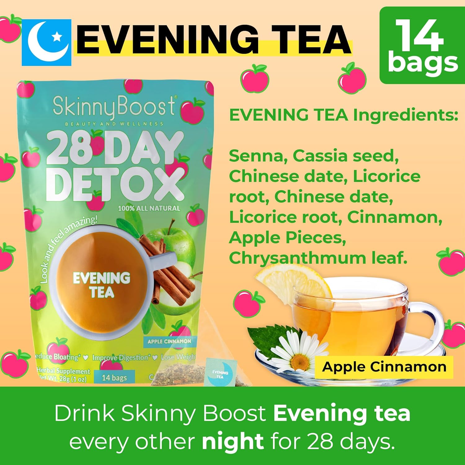 Skinny Boost Evening Detox Tea-APPLE CINNAMON -14 Tea Bags Total, Supports Detox and Cleanse, Reduce Bloating, 100% All Natural, Vegan, Non GMO
