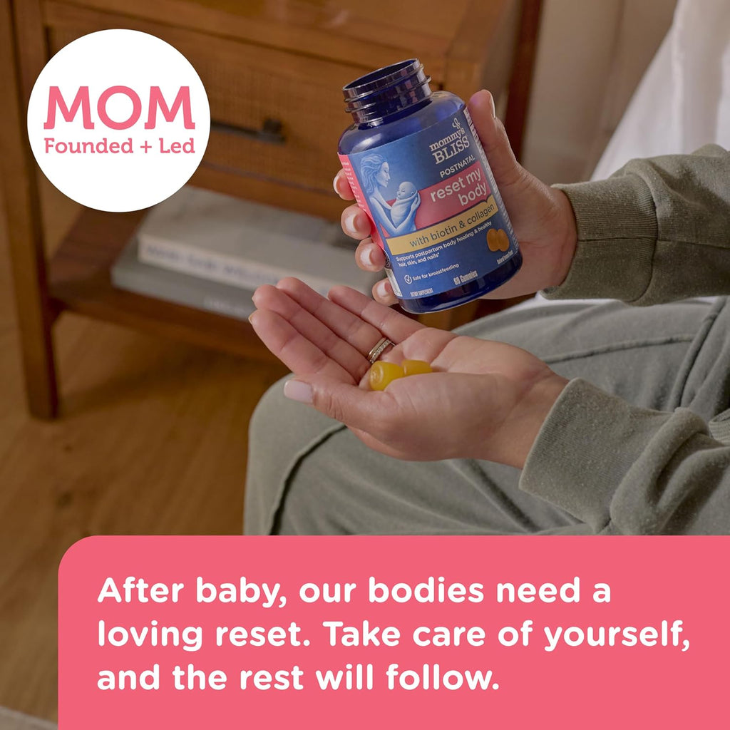 Mommy's Bliss Postnatal Support Reset My Body Gummies with Biotin & Collagen, Supports Postpartum Energy, Healing & Joint Health + Hair, Skin & Nails Health, Gluten Free, 60 Gummies (30 Servings)
