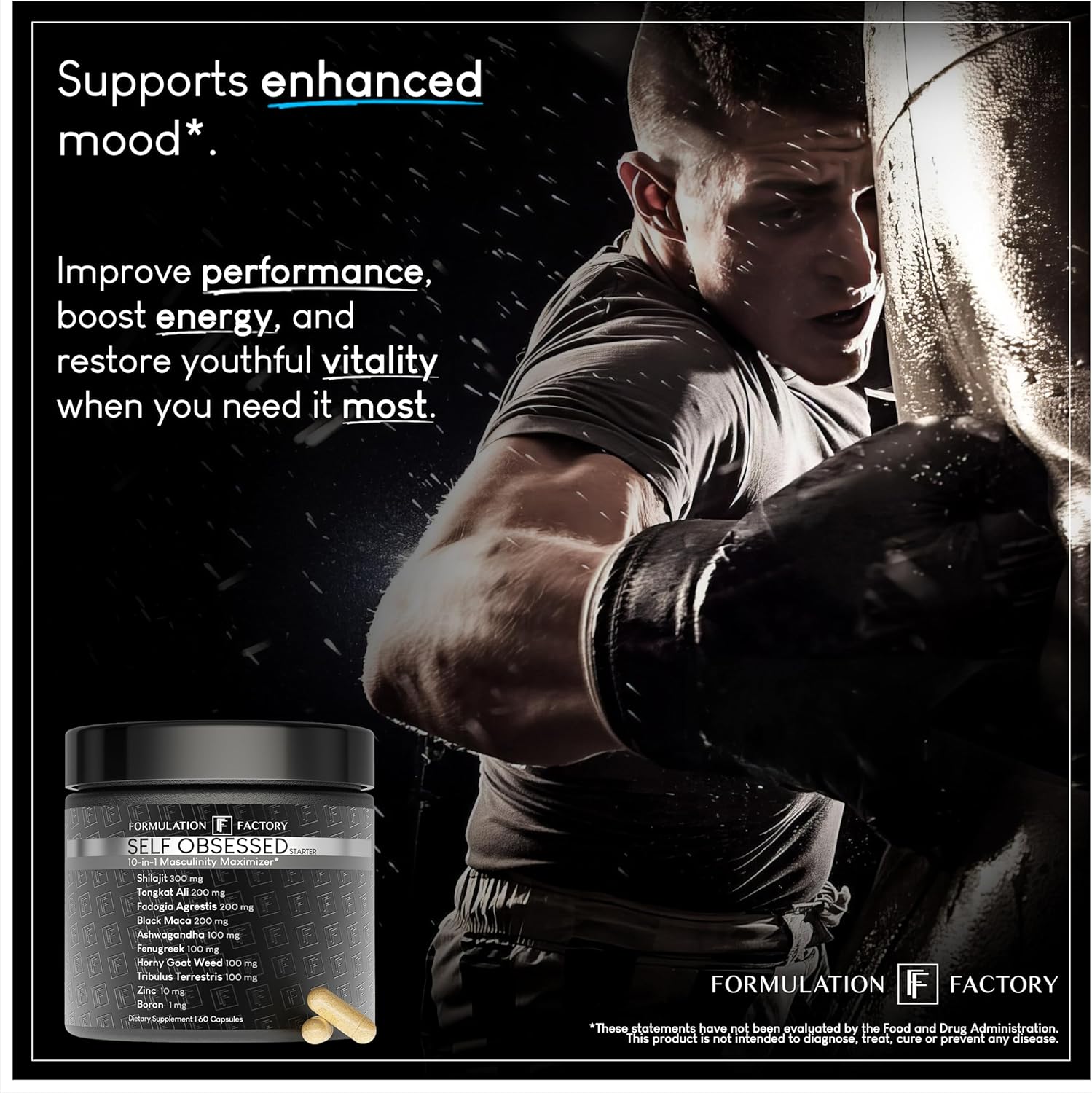 Formulation Factory Self Obsessed Starter 10-in-1 Masculinity Maximizer Supplement for Men with Shilajit, Tongkat Ali, Ashwagandha, Fenugreek to Support Muscle, Drive, Strength 60 Count (Pack of 1)