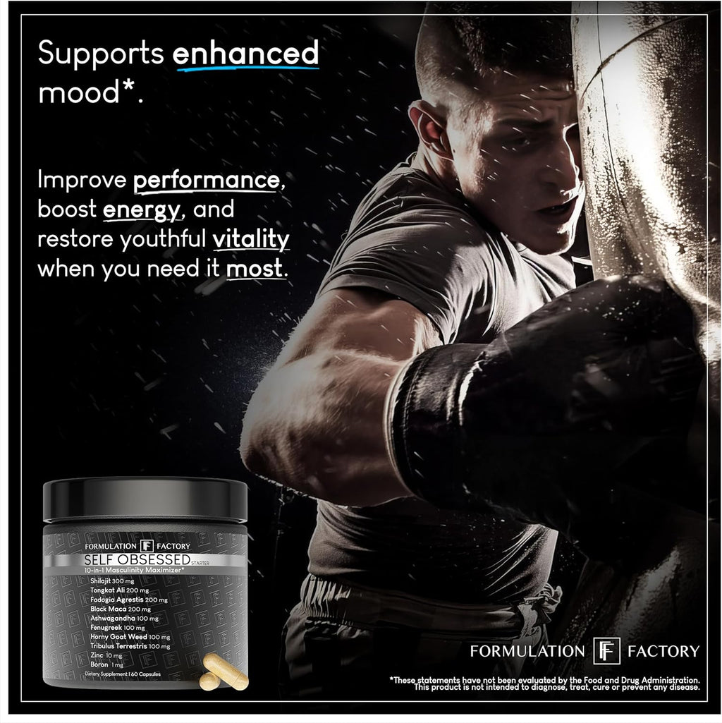 Formulation Factory Self Obsessed Starter 10-in-1 Masculinity Maximizer Supplement for Men with Shilajit, Tongkat Ali, Ashwagandha, Fenugreek to Support Muscle, Drive, Strength 120 Count (Pack of 2)