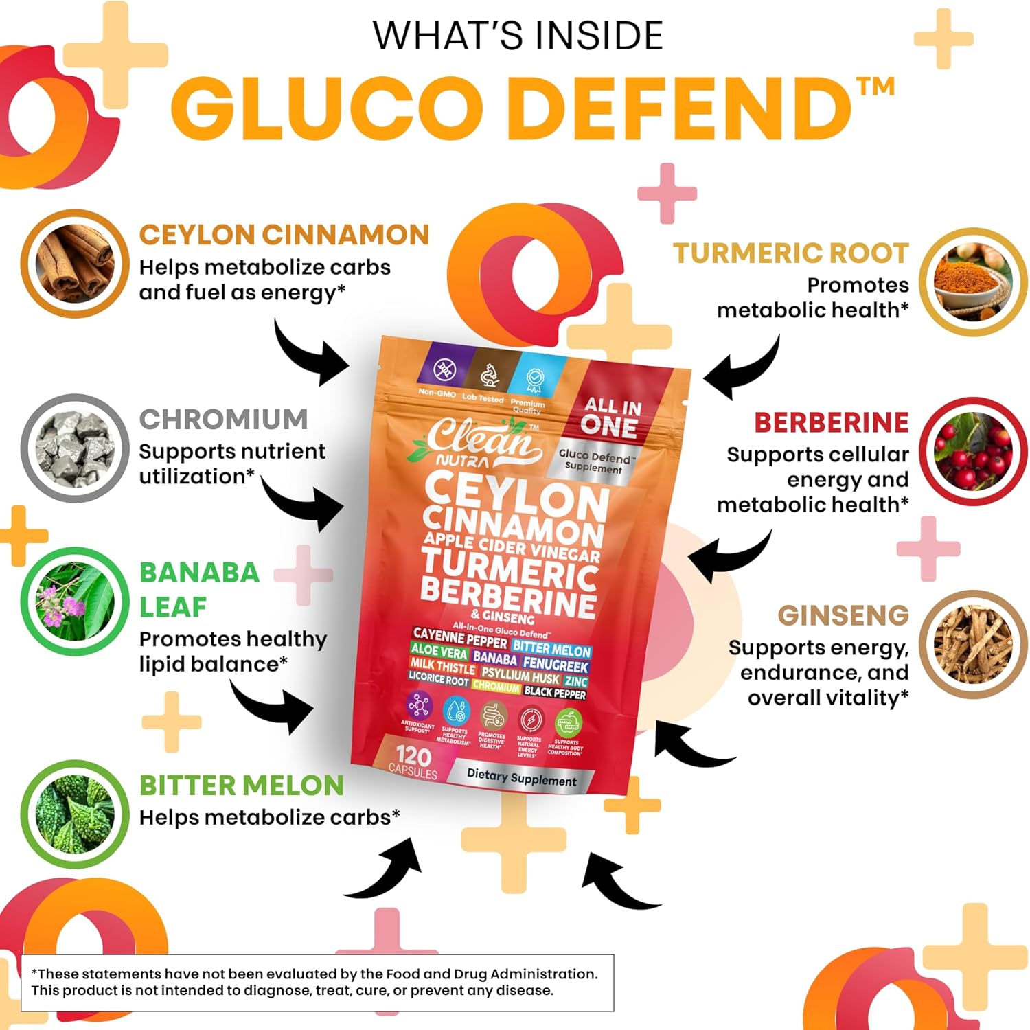 Ceylon Cinnamon Capsules + Apple Cider Vinegar Turmeric Berberine Supplement Ginseng Cayenne Pepper Bitter Melon Aloe Vera Fenugreek Milk Thistle Chromium 120 Pills Gluco Defend by Clean Nutra