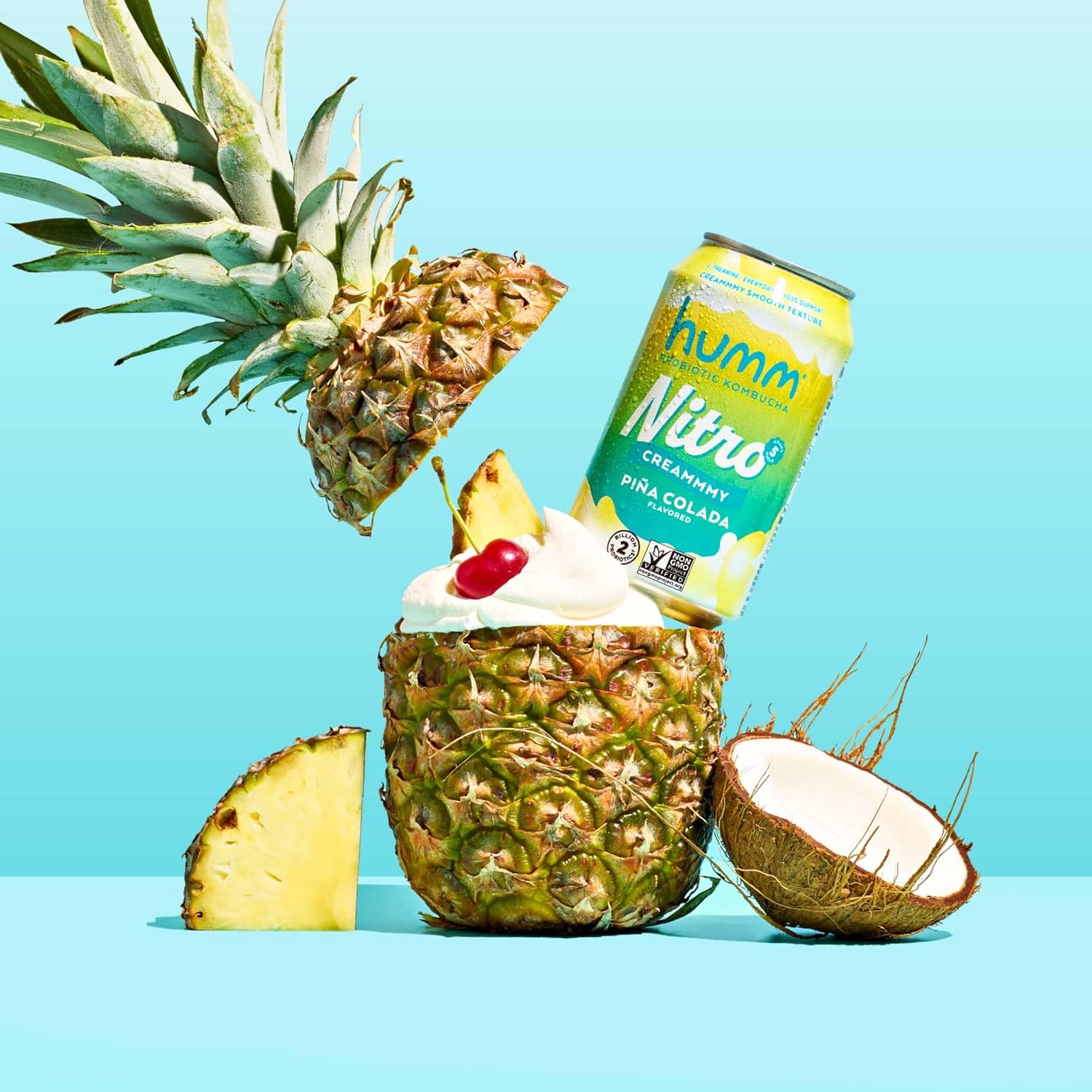 Humm Nitro Kombucha Piña Colada, Creamy Smooth Probiotic Drink with L-Theanine, Non-GMO, Vegan, Gluten Free, 12 fl oz (Pack of 12)