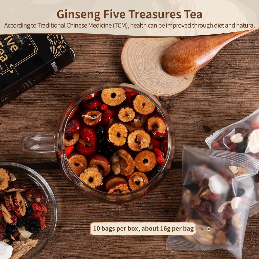 Ginseng Five Treasures Kidney Tea, Traditional Chinese Herbal TeaBags, Natural Organic Kidney Cleanse Detox Tea for Women & Men, 7 Precious Ingredients Formula(3 Pack/75 Bags)