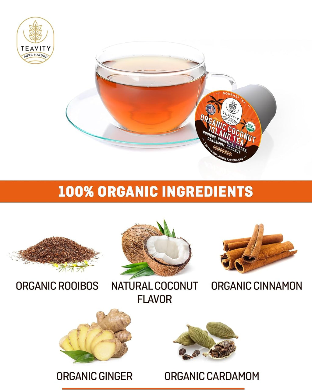 TEAVITY Organic Coconut Island Tea Pods | Recyclable Single-Serve Tea Pods Compatible with Keurig K-Cup 2.0 Brewers | Certified USDA Organic | 36 Count (Pack of 1)