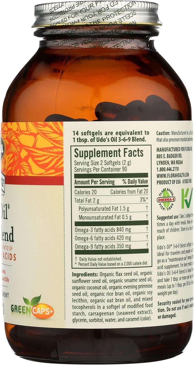 Flora Udo's Oil 3-6-9 Blend - Contains Organic Coconut, Flax Seed Oil & More - 180 Vegetarian Softgels