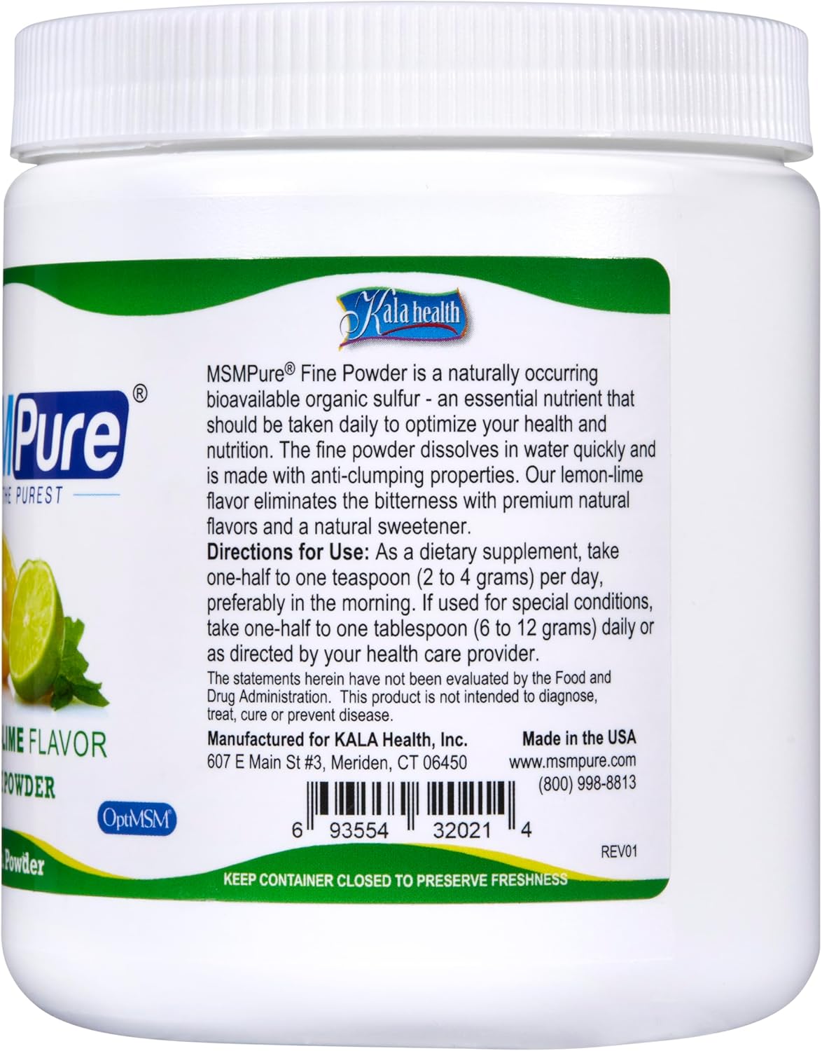 KALA HEALTH MSMPure Fast Dissolving Lemon Lime Flavored Fine MSM Powder Crystals – US-Made MSM for Joint Health, Skin Appearance, and Hair & Nail Support – 1 lb, Organic Sulfur