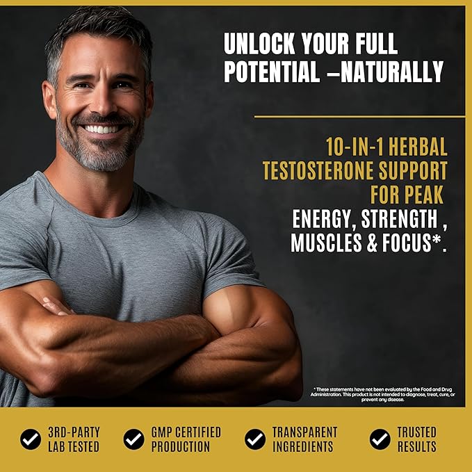 Men's Testosterone Support–10-in-1 Horny Goat Weed with Tongkat Ali, Ashwagandha, Shilajit, Maca, Fadogia Agrestis, Tribulus & More – Energy, Vitality & Libido Support – 60 Vegan Capsules