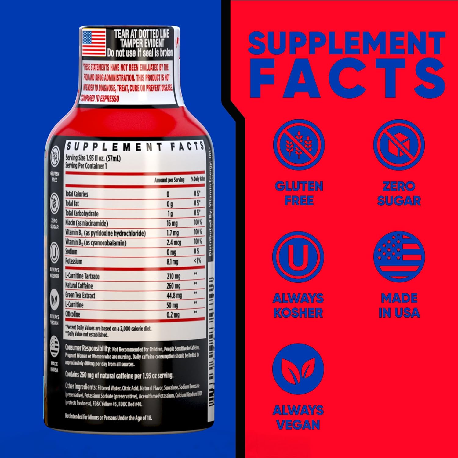 Vitamin Energy Immune+ Extra Strength Energy Shot Fruit Punch 12 Pack, 260mg Natural Caffeine, B-Vitamins, Citicoline, Green Tea, Immunity & Focus Support, Zero Sugar, Gluten-Free 1.93 fl oz