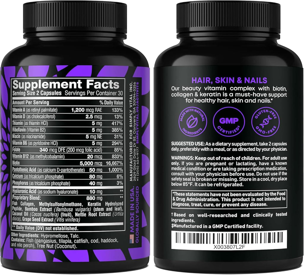 Biotin and Collagen Supplements with Keratin 25000 mcg - Hair Skin & Nails Vitamins with Collagen Keratin B Complex - Made in USA - Biotin for Hair Growth Women & Men Support Skin & Nails, 60 Capsules
