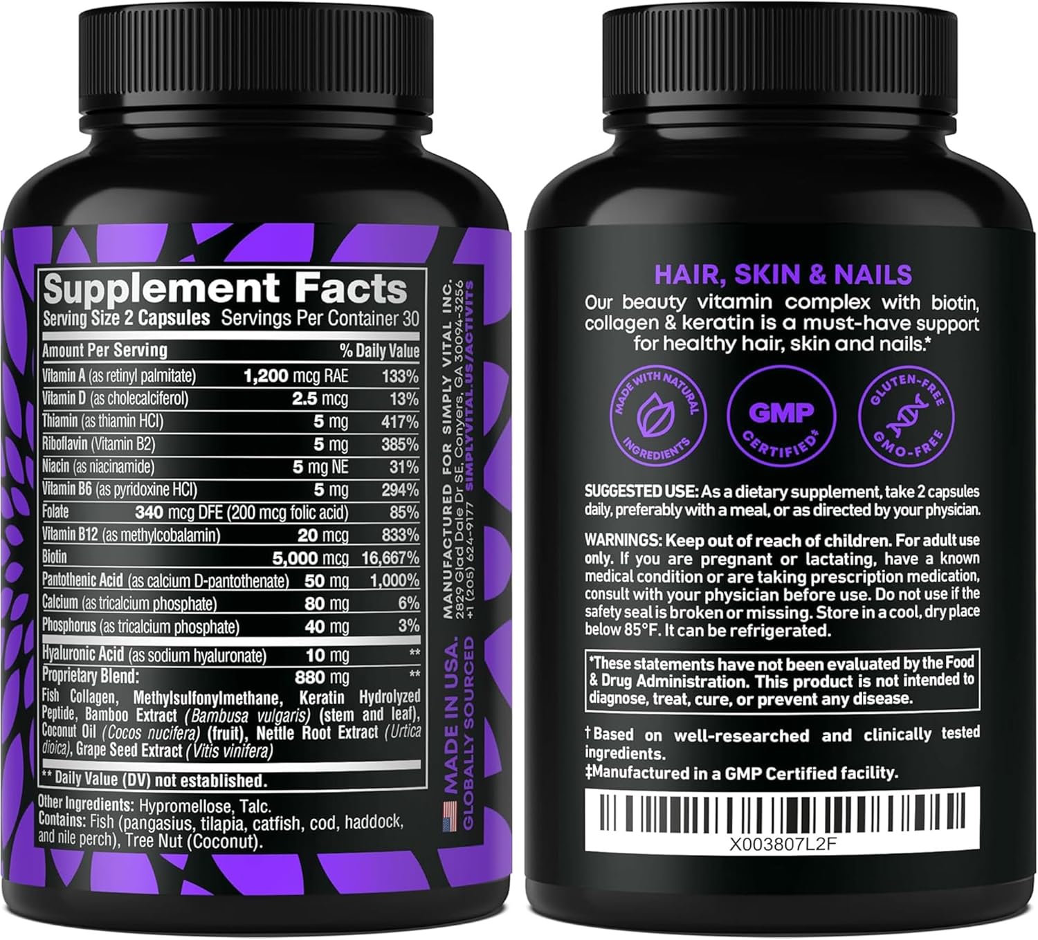 Biotin and Collagen Supplements with Keratin 25000 mcg - Hair Skin & Nails Vitamins with Collagen Keratin B Complex - Made in USA - Biotin for Hair Growth Women & Men Support Skin & Nails, 60 Capsules