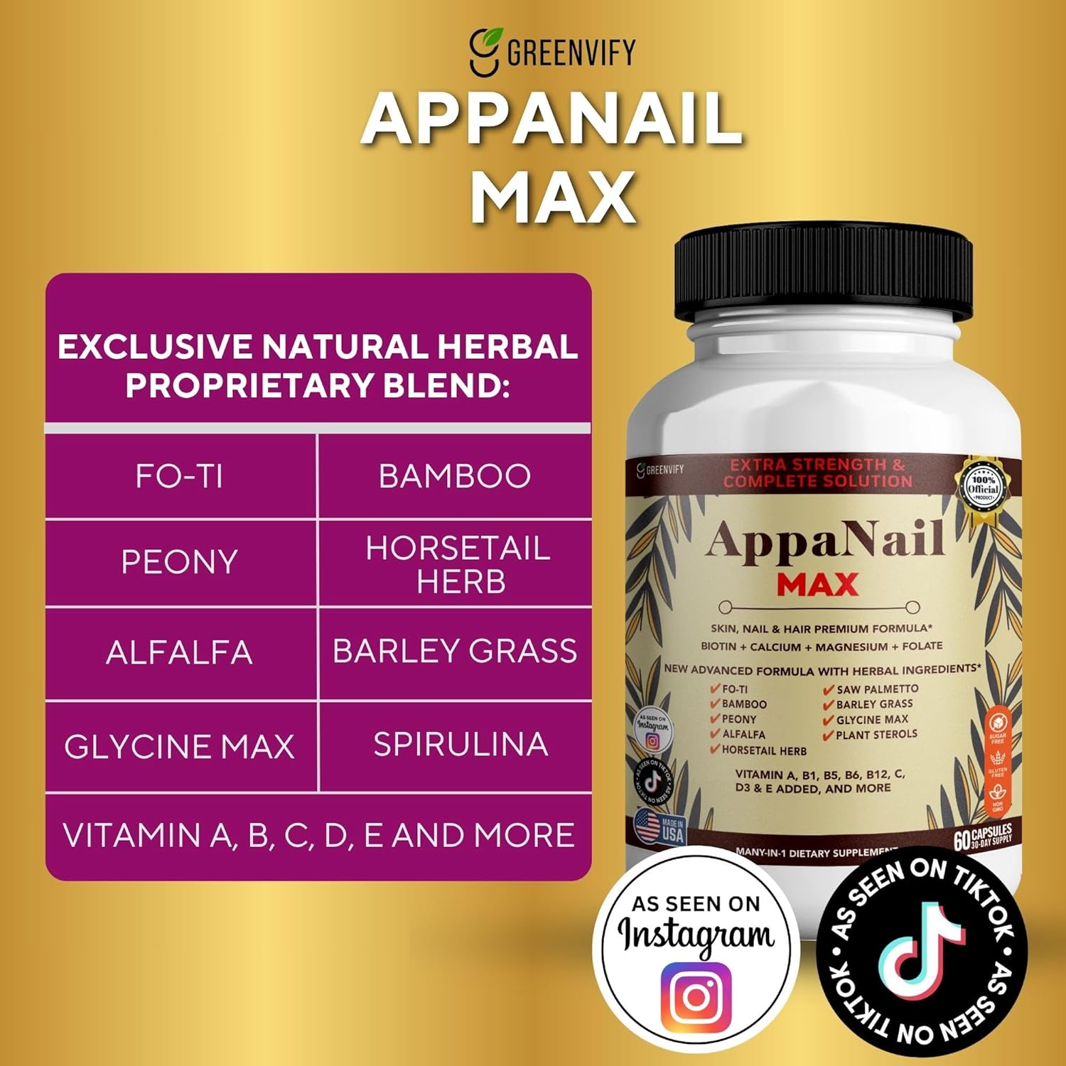 AppaNail MAX Hair Skin & Nail Supplement, 60 Capsules, with Biotin 5000mcg, Vitamins, Minerals & Herbal Complex (1)