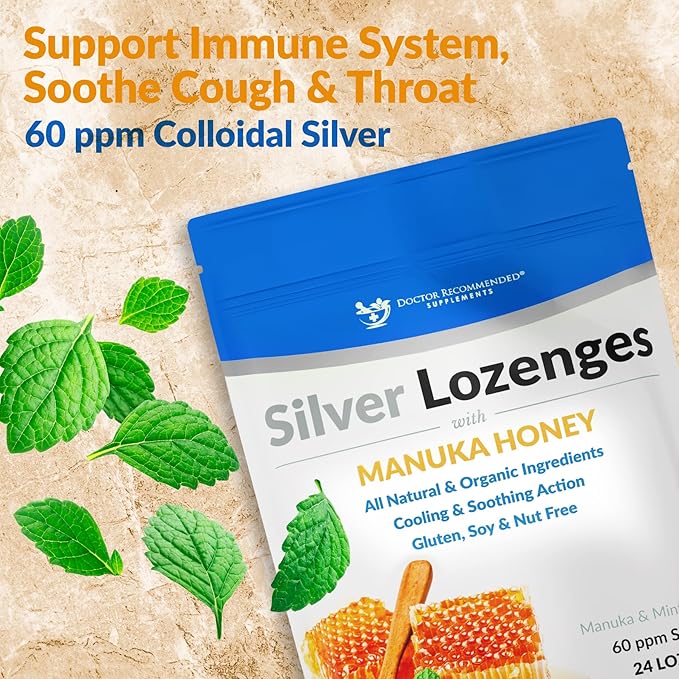 Silver Lozenges with Organic Manuka Honey and Vitamin C - All-Natural Nano Silver 45-50mcg of 60 PPM Colloidal Mineral Drops to Support Immune System, 72-Lozenges