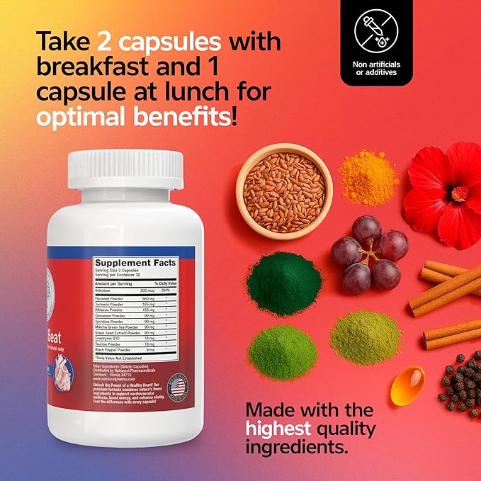 Vital Beat, Cardiovascular Support Supplement – with CoQ10, Flaxseed, Grape Seed, Turmeric & Taurine – 90 Capsules – Heart, Circulation & Cholesterol Support