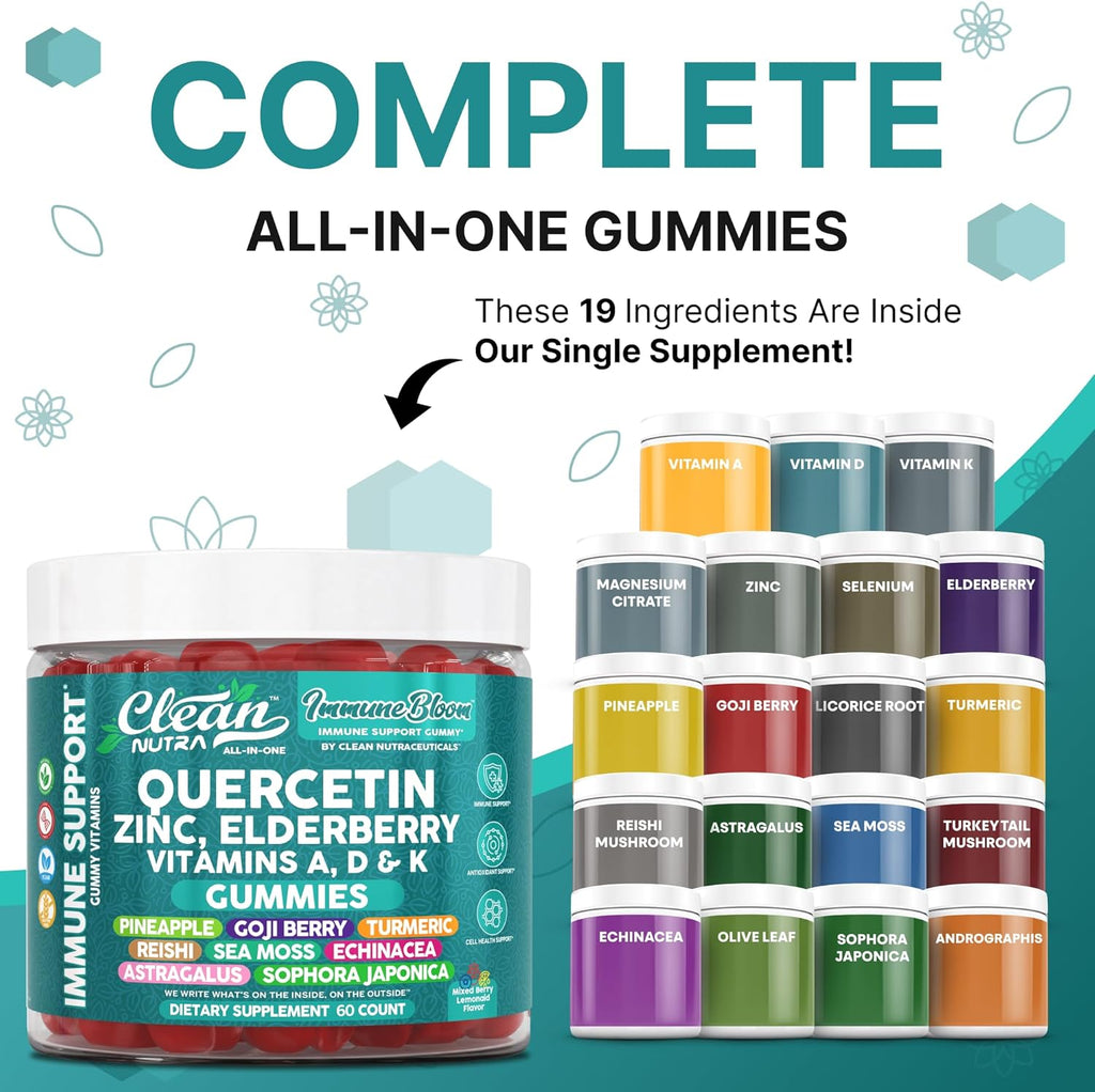 Clean Nutraceuticals Quercetin Zinc Elderberry VitaminDVitaminK2 Goji Berry Turmeric Sea Moss Echinacea Astragalus Mushrooms Olive Leaf Extract D3K2 Selenium Supplements Immunity 60 Gummies