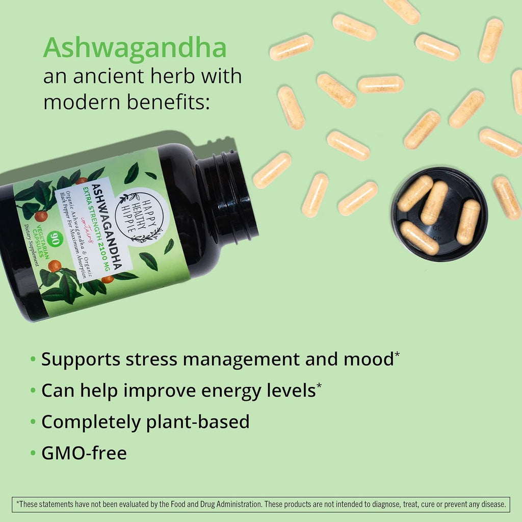 Organic Ashwagandha Capsules 2100mg – Stress Relief Supplement – Extra Strength, 100% Herbal, Energy, Mood & Cortisol Manager, Includes Black Pepper for High Absorption – Non-GMO, 90 Ct