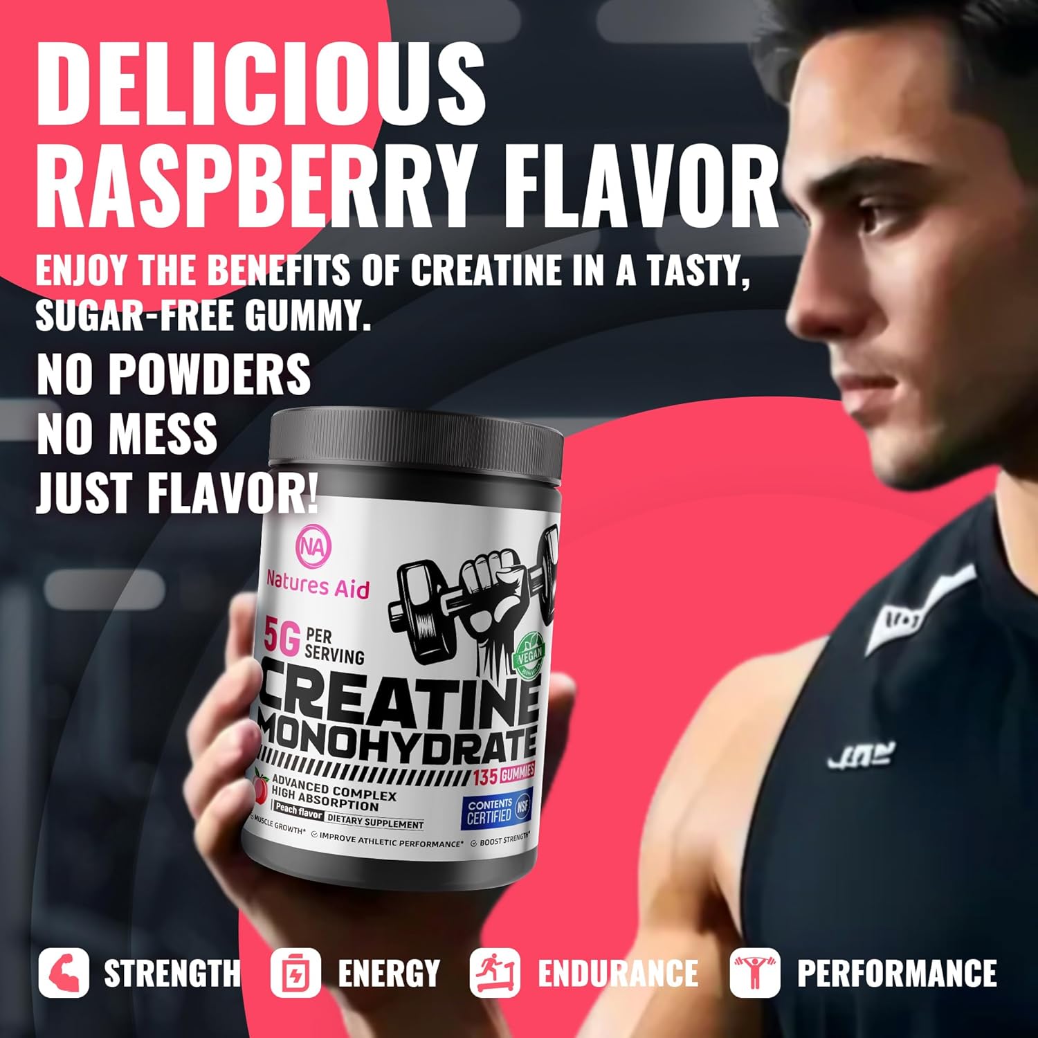 Natures Aid Creatine Monohydrate Gummies (5g) – Pre-Workout Energy & Muscle Growth Support for Men & Women | Peach Electrolyte Gummies (135 Count)
