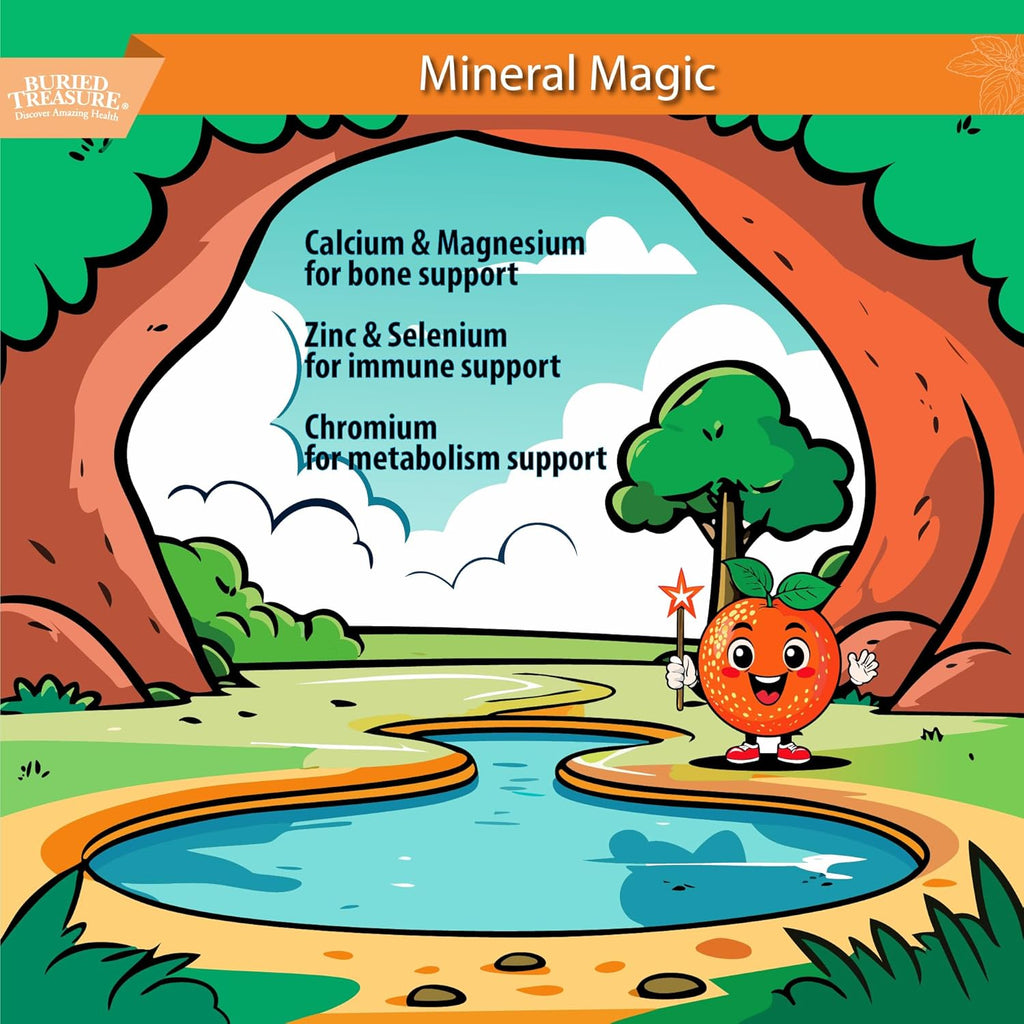 Buried Treasure Children's Daily Multi Liquid Multivitamin & Minerals Nutritional Dietary Vegan Supplement for Kids No Artificial Ingredients Non-GMO Natural Fruit Flavors, 16 oz w/Dose Cup