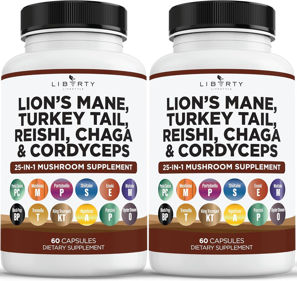 Lions Mane Mushroom Supplement with Turkey Tail Reishi Cordyceps Chaga with Marshmallow Root - 2-Pack