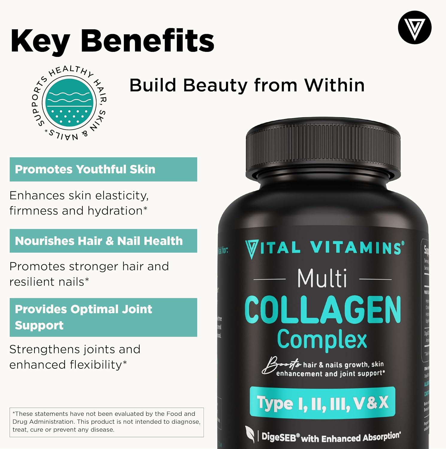 Vital Vitamins Multi Collagen Pills for Women & Men (2-Pack) - Hydrolyzed Collagen Peptides - Type I, II, III, V, X - Grass Fed, Non-GMO
