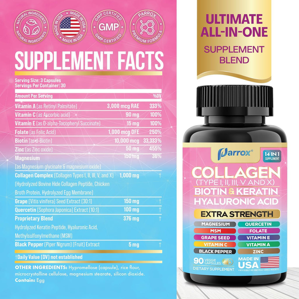 Collagen Peptides Types I, II, III, V & X, MCG Biotin, Keratin, Hyaluronic Acid, MSM, Zinc, Grape Seed Extract, Quercetin, Vitamin A, Vitamin C, Vitamin E, Magnesium, Folic Acid (90 Capsules)