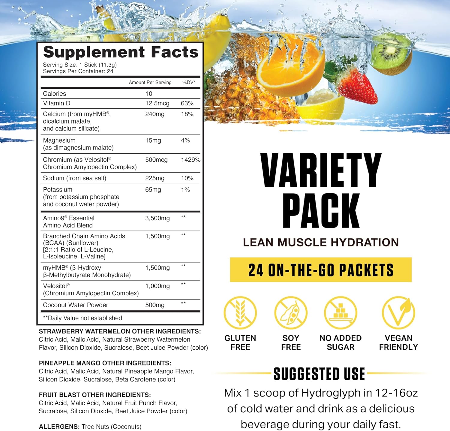 Ambrosia Hydroglyph Intraworkout Electrolytes Hydration Drink Mix | Sugar Free Electrolyte Powder with Amino Acids | Supports Lean Muscle During Fasting | 30 Servings | Variety Pack