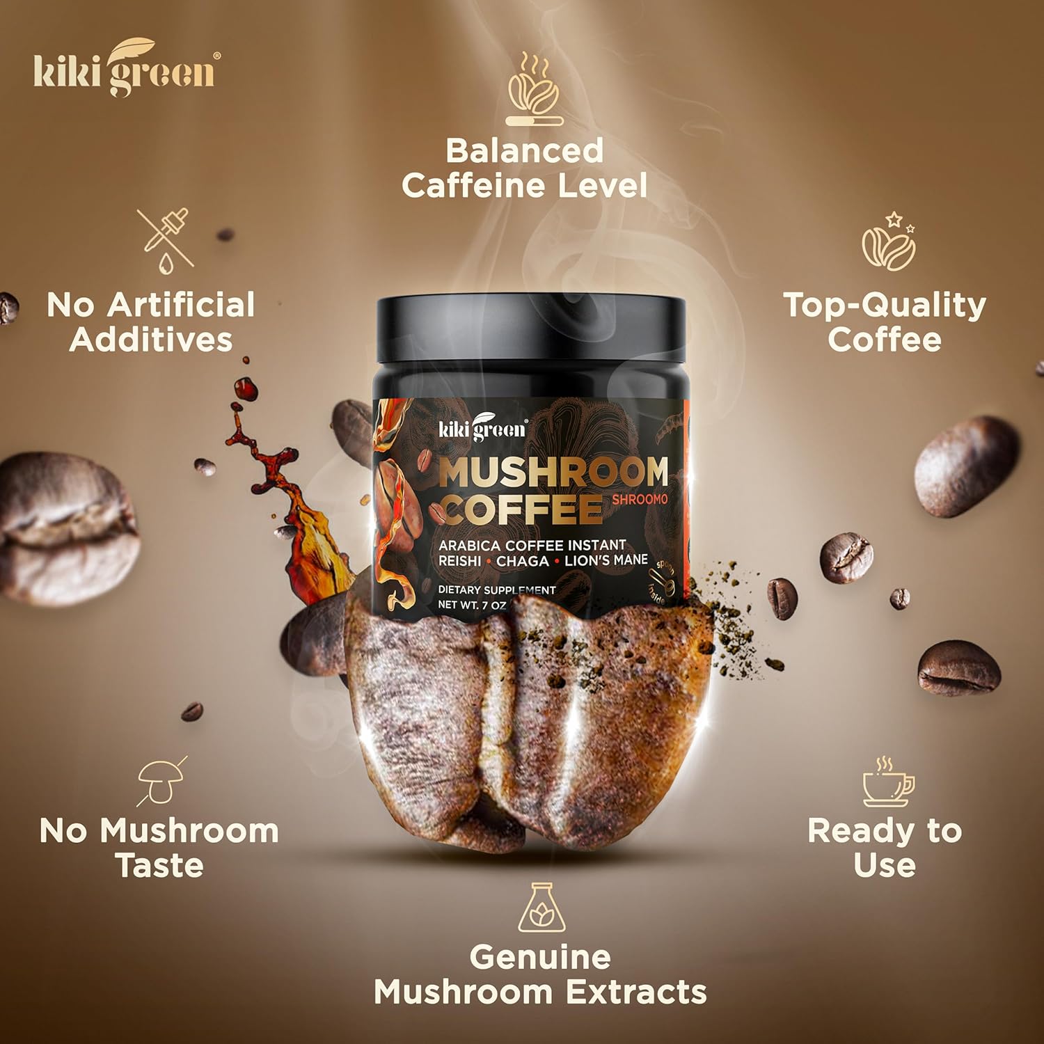 KIKI Green Mushroom Coffee - Instant Arabica Brew with Reishi, Chaga, Lion's Mane - Everyday Alternative for Focus, Energy, Immunity - 7 oz, 40 Servings