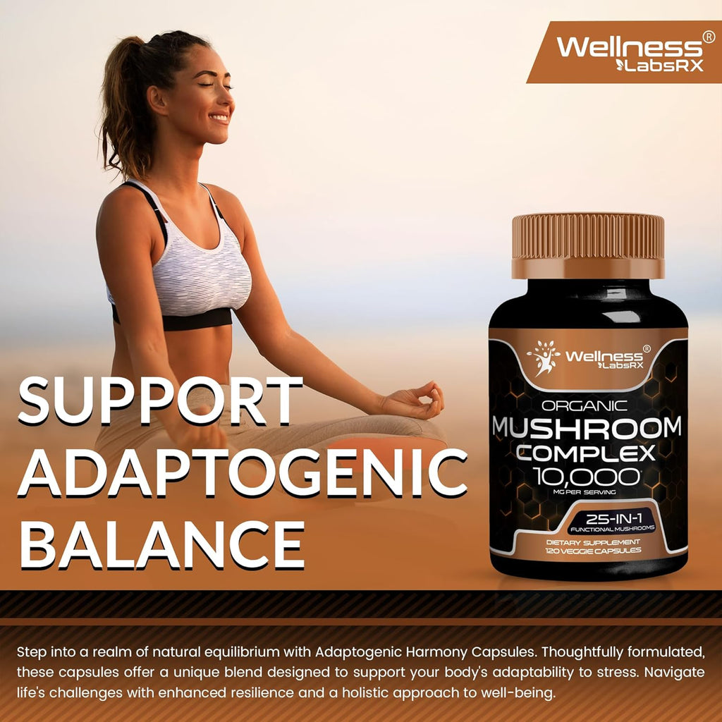 WELLNESS LABSRX Mushroom Supplement Capsules 10:1 Extract, Mushroom Complex Capsules 1000mg, Lions Mane Supplement with Turkey Tail, Cordyceps, Reishi - 120 Count
