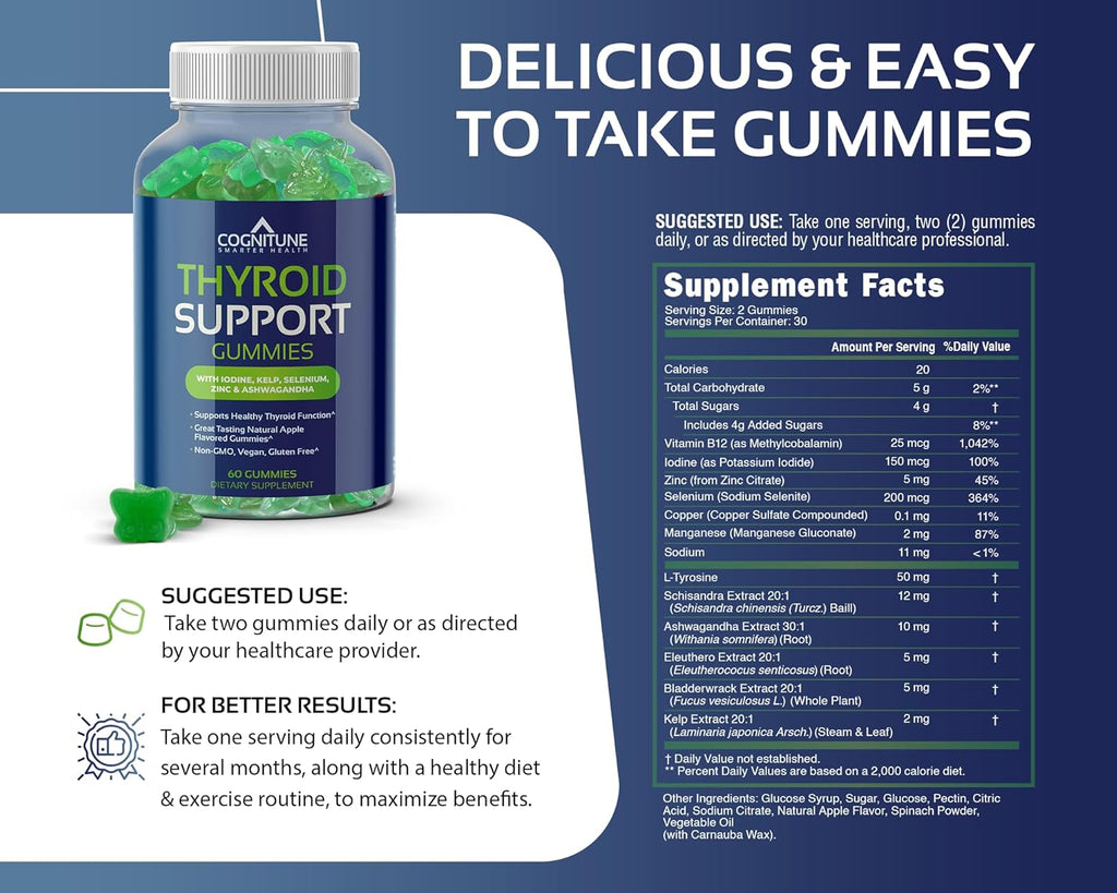 CogniTune Thyroid Support for Women and Men – Thyroid Supplement with Iodine, Kelp, Ashwagandha, Selenium, Zinc, L-Tyrosine – Natural Apple Flavor Thyroid Gummies for Hypothyroidism Support
