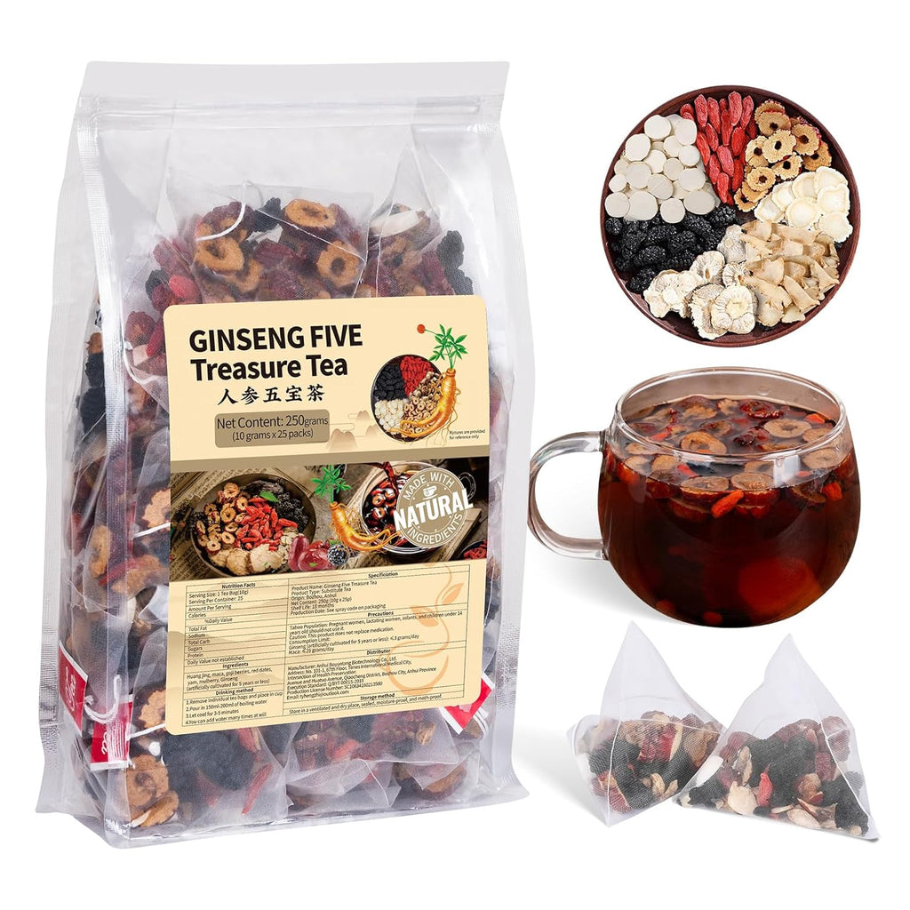 Ginseng Five Treasures Kidney Tea, Traditional Chinese Herbal TeaBags, Natural Organic Kidney Cleanse Detox Tea for Women & Men, 7 Precious Ingredients Formula(1 Pack/25 Bags)