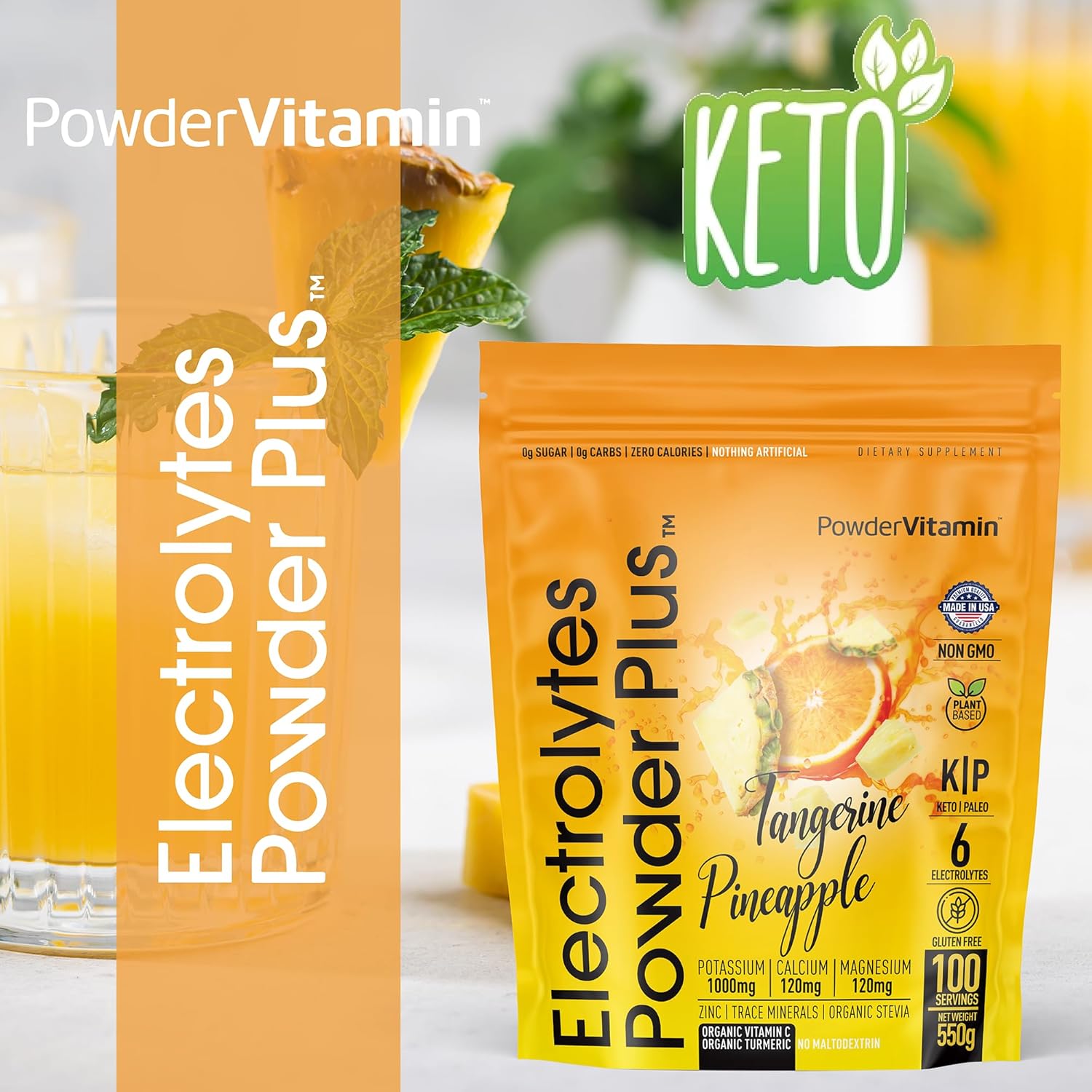 PowderVitamin Electrolytes Powder Plus (100 Servings) Tangerine Pineapple Electrolyte Powder Zero Calorie Keto,0Sugar, No Maltodextrin,1000mg Potassium,120mg Calcium,120mg Magnesium, Hydration Powder