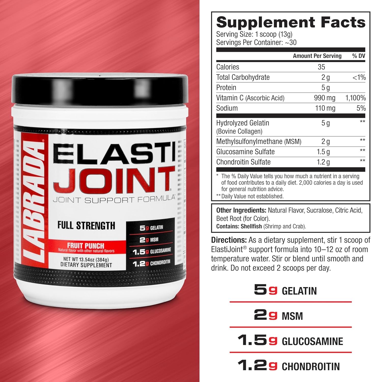 Labrada Nutrition Elastijoint, Fruit Punch, Glucosamine Joint Support Supplement Powder for Men & Women, Health Supplement with MSM, Glucosamine Chondroitin MSM - Gluten-Free
