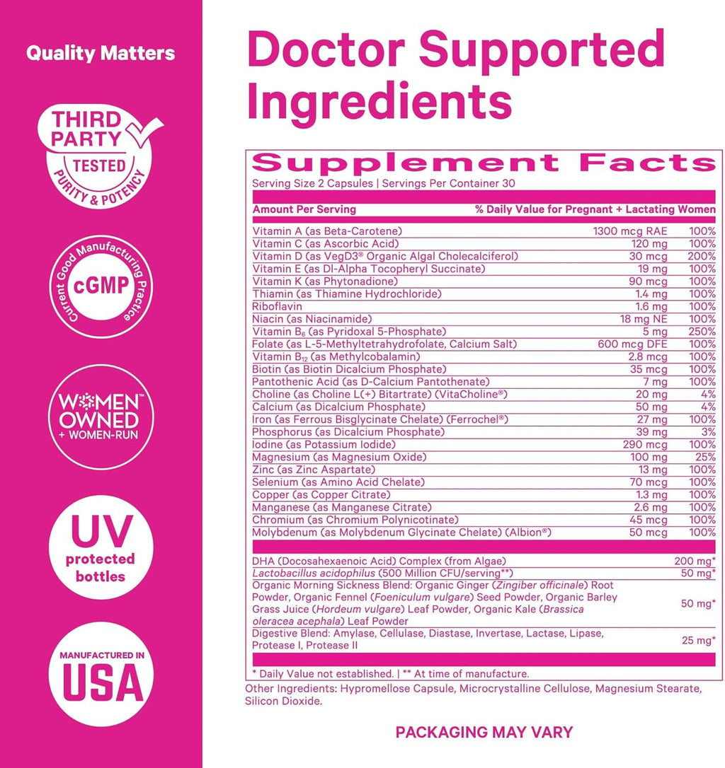 Pink Stork Premium Prenatal Vitamin for Women - Organic Whole-Food Ingredients, Multivitamin & Probiotics - Morning Sickness, Digestion, & Energy - Folate, B6, & Iron - 60 Capsules