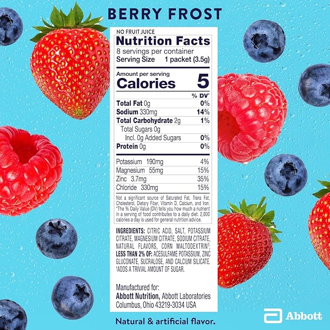 Pedialyte Electrolyte Drink Mix with Zero Sugar | Hydration with Key Electrolytes | Great Hydration Low in Calories | Berry Frost, 24 Powder Packets