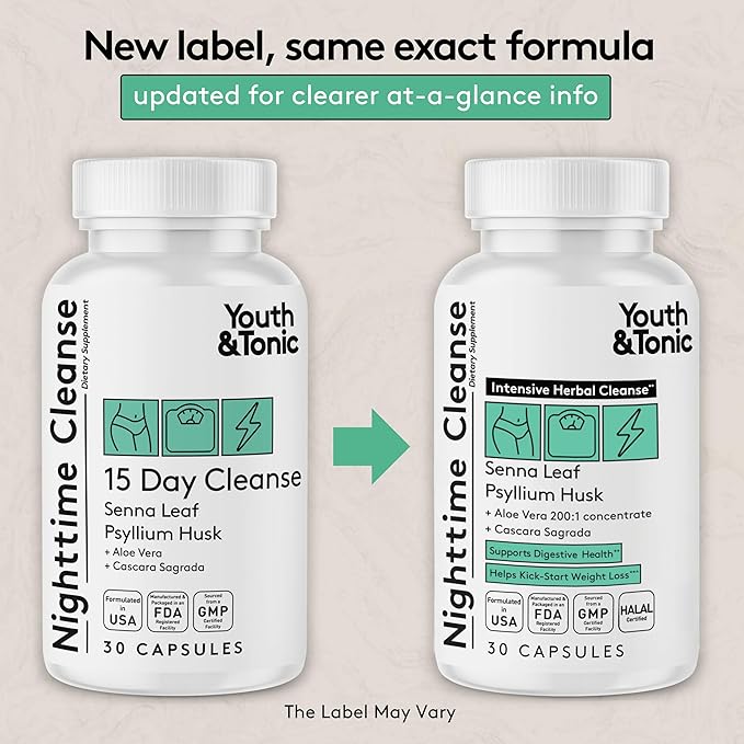 Youth & Tonic Overnight Intestinal Cleanse Supplement - Natural Constipation Relief for Men & Women with Senna Leaf, Psyllium Husk, Cascara Sagrada & Fibre - 30 Capsules. Can Be Strong for Some People