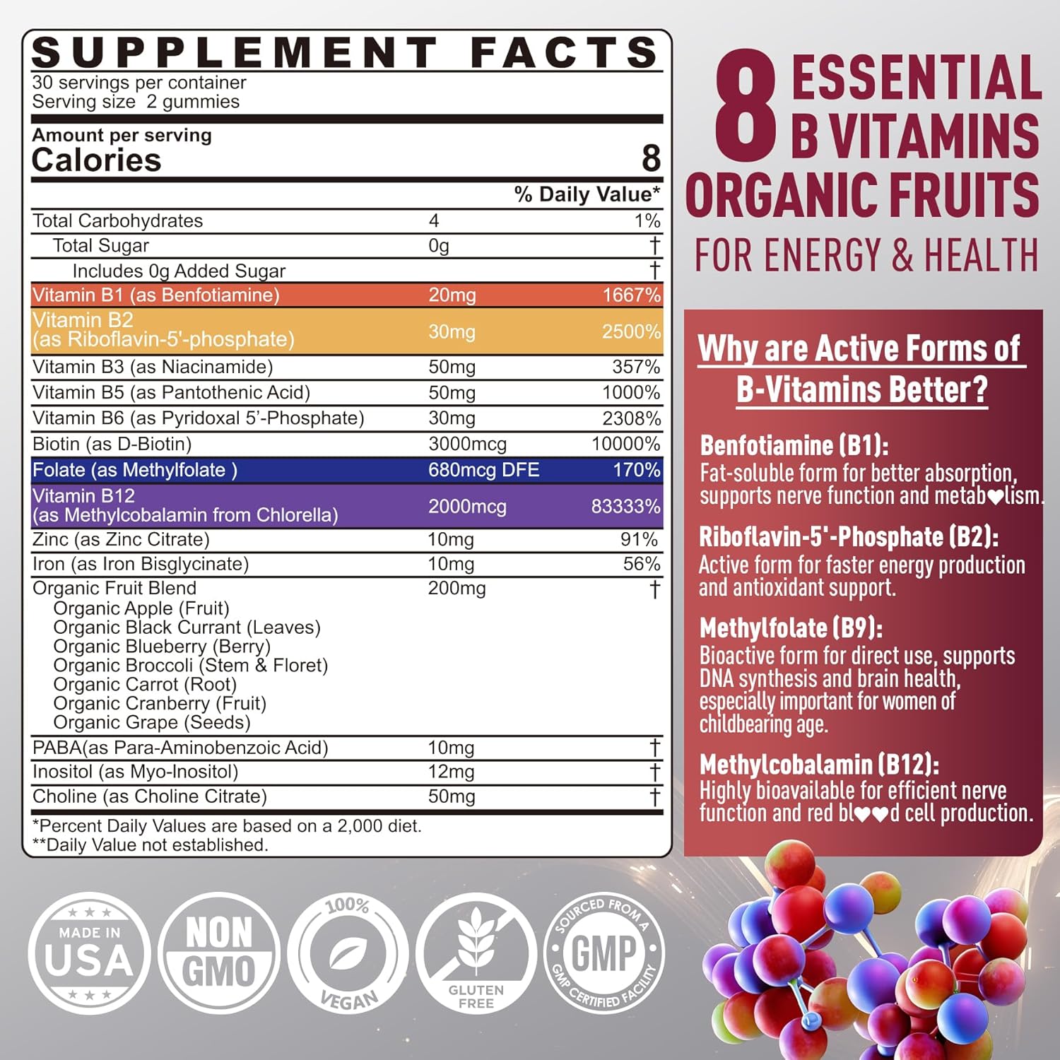 Brain & Mood Support Gummies, Super Vitamin B Complex for Men & Women, All B Vitamin B1 B2 B3 B5 B6 B7 B9 MethyB12 with PABA, Inositol, Choline, Supports MTHFR Gene & Energy, Vegan, 120Ct