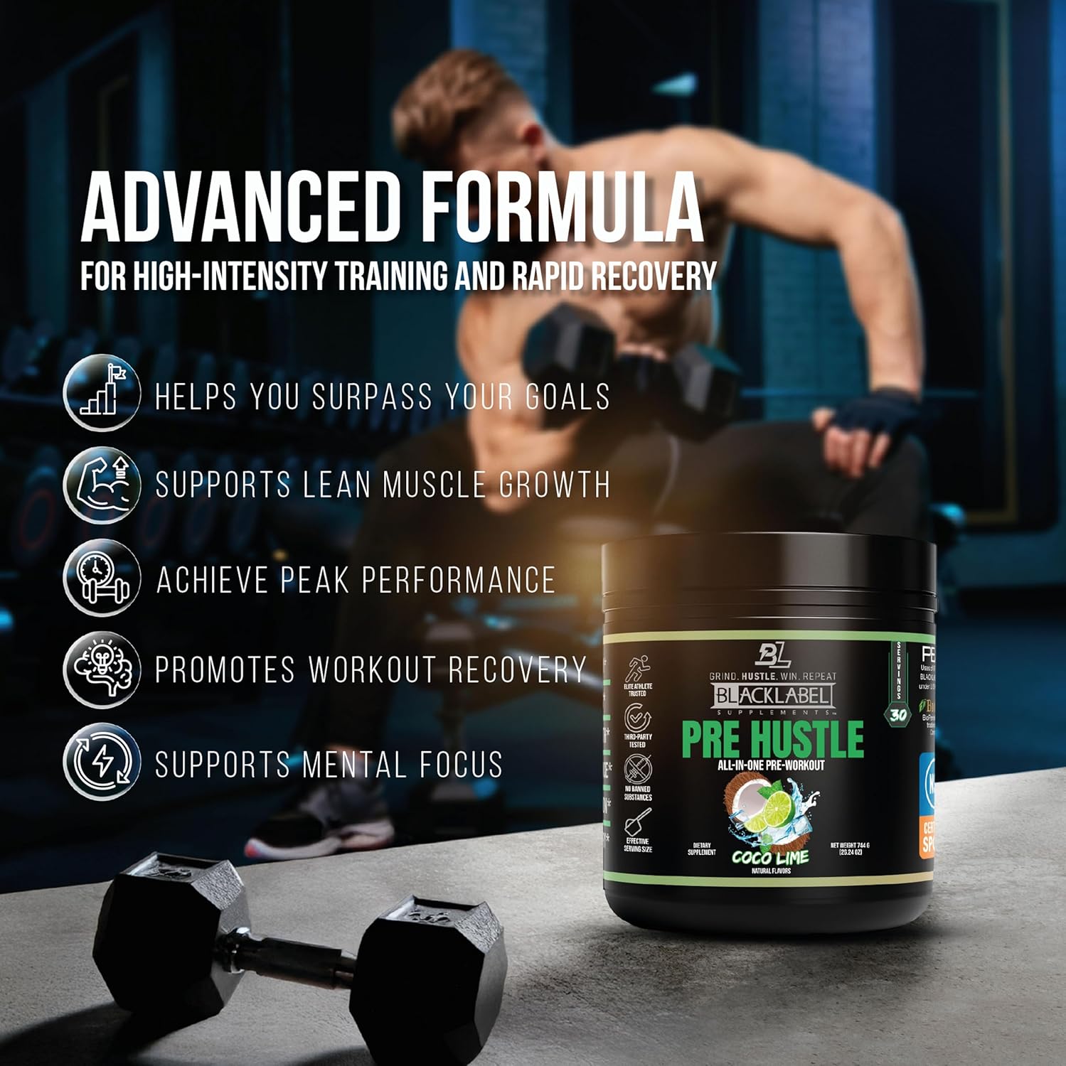 BLACKLABEL Supplements PRE Hustle V3 Pre-Workout Powder – NSF Certified for Sport – Energy, Strength & Endurance Support – Coconut Lime Flavor – with Creatine & Caffeine – 30 Servings