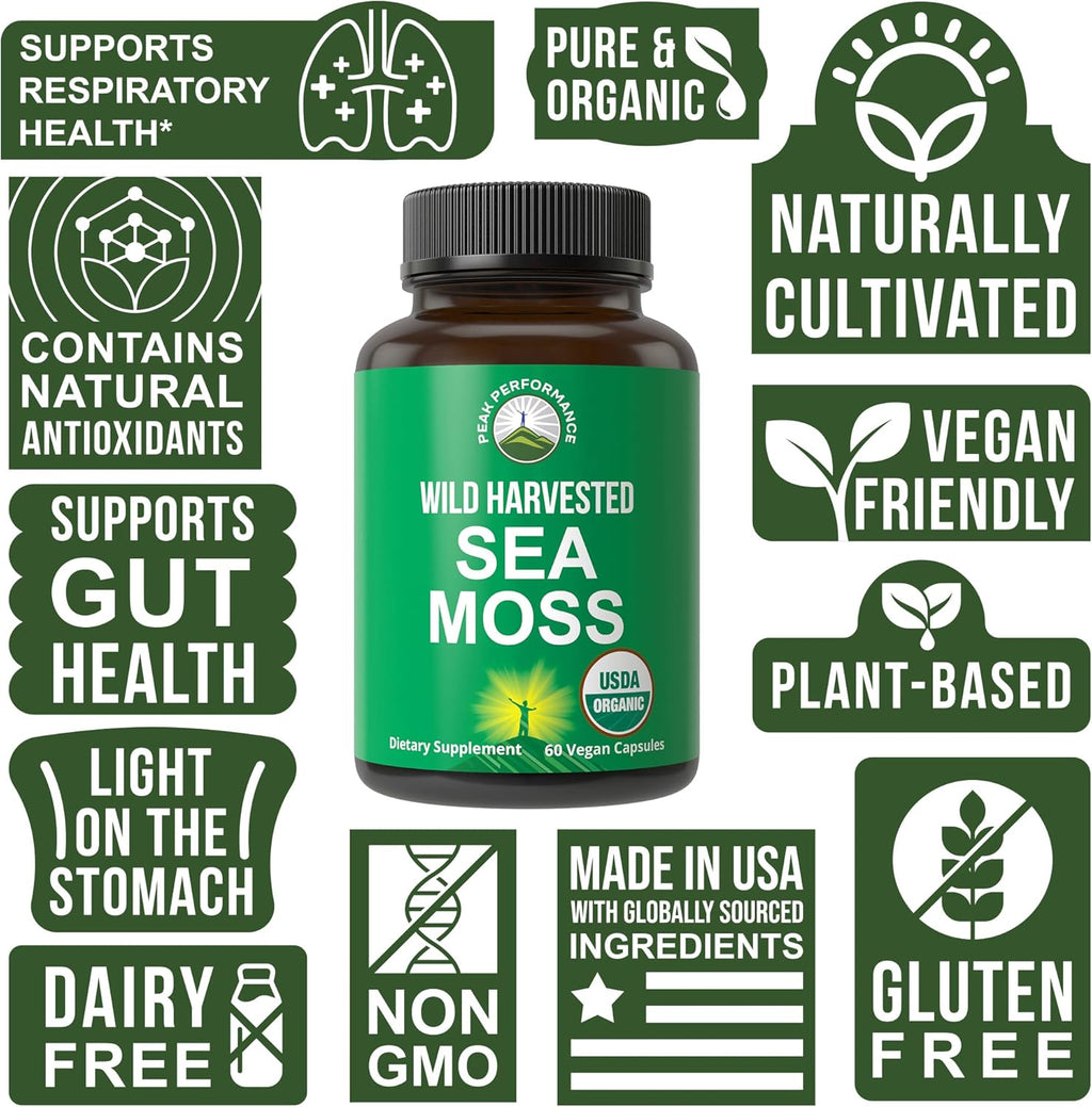 Organic Sea Moss Capsules. Wild Harvested Sea Moss Raw Organic Vegan Supplement from Red Algae Seaweed. 100% Whole Extract Raw Irish SeaMoss Superfood Pills. for Gut, Respiratory, Immune Support.