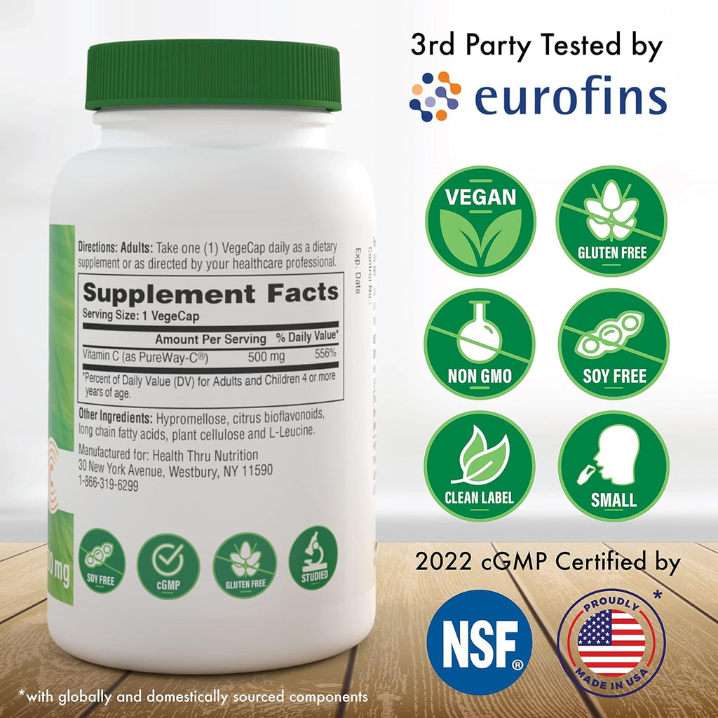 Health Thru Nutrition Vitamin-C 500mg as PureWay-C 60 Vegecaps Superior Absorption | Healthy Immune Function and Collagen Support | 3rd Party Tested | Vegan, Non-GMO and Gluten Free