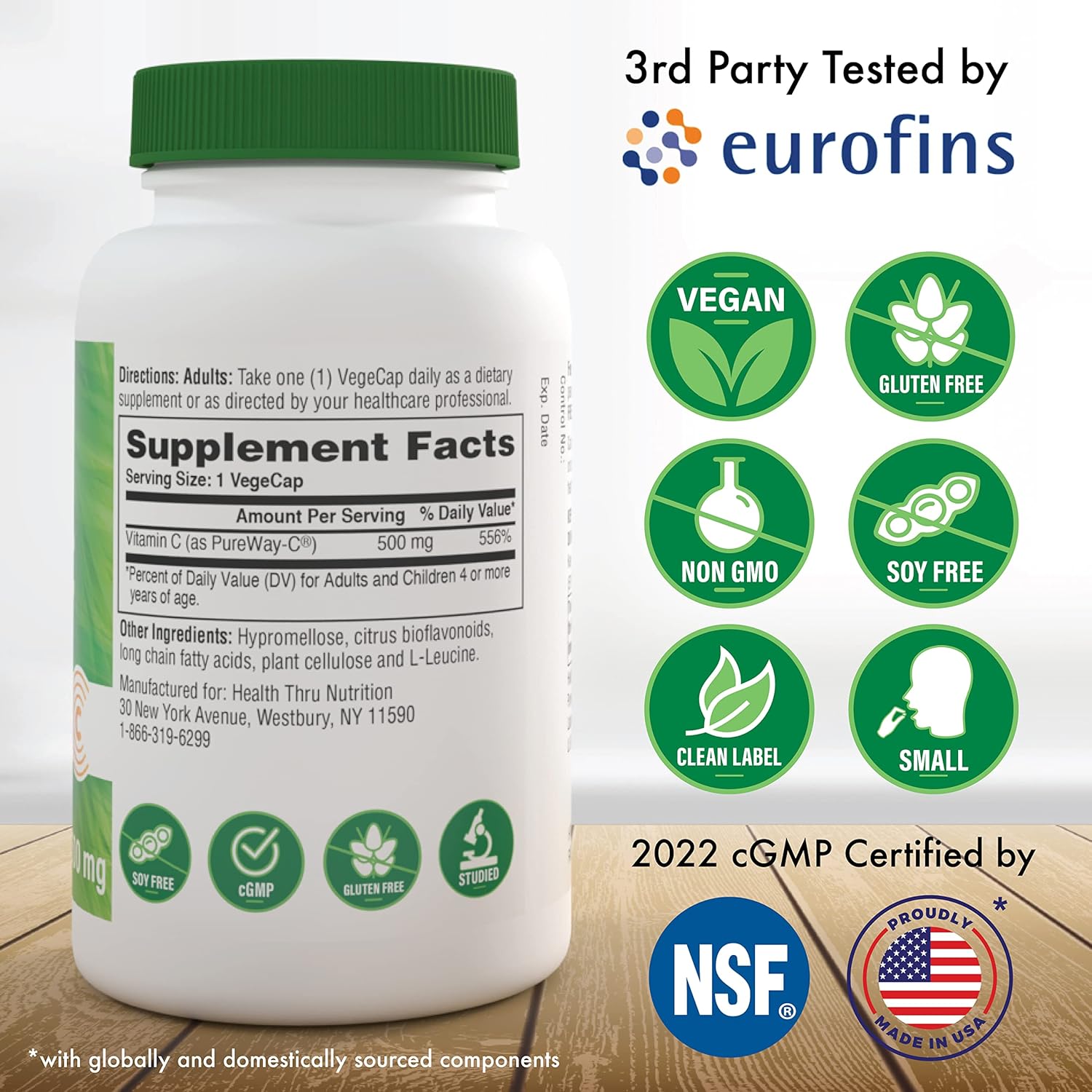 Health Thru Nutrition Vitamin-C 500mg as PureWay-C 60 Vegecaps Superior Absorption | Healthy Immune Function and Collagen Support | 3rd Party Tested | Vegan, Non-GMO and Gluten Free