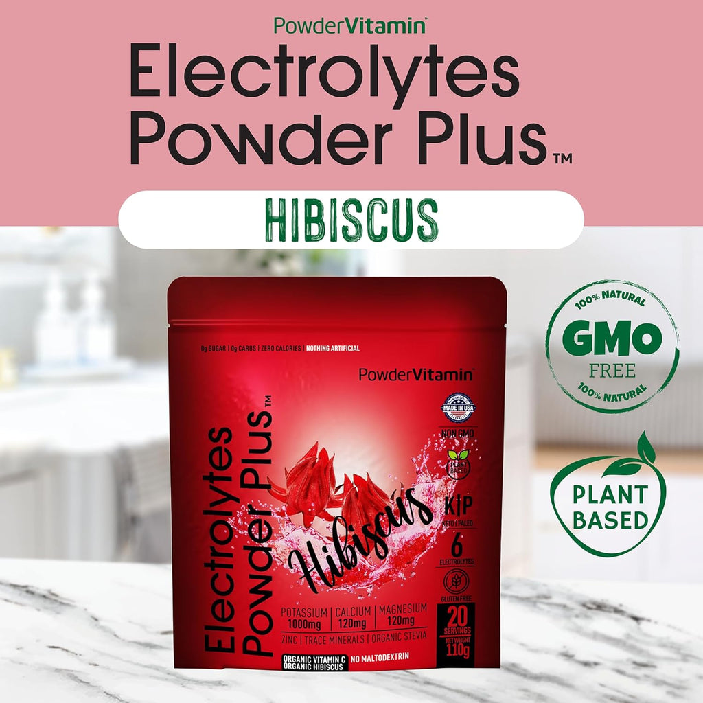 PowderVitamin Electrolytes Powder Plus (20 Servings) Hibiscus Electrolyte Powder, No Maltodextrin, Keto,Sugar Free,Pink Himalayan Salt,1000mg Potassium,120mg Calcium,120mg Magnesium,Hydration Powder