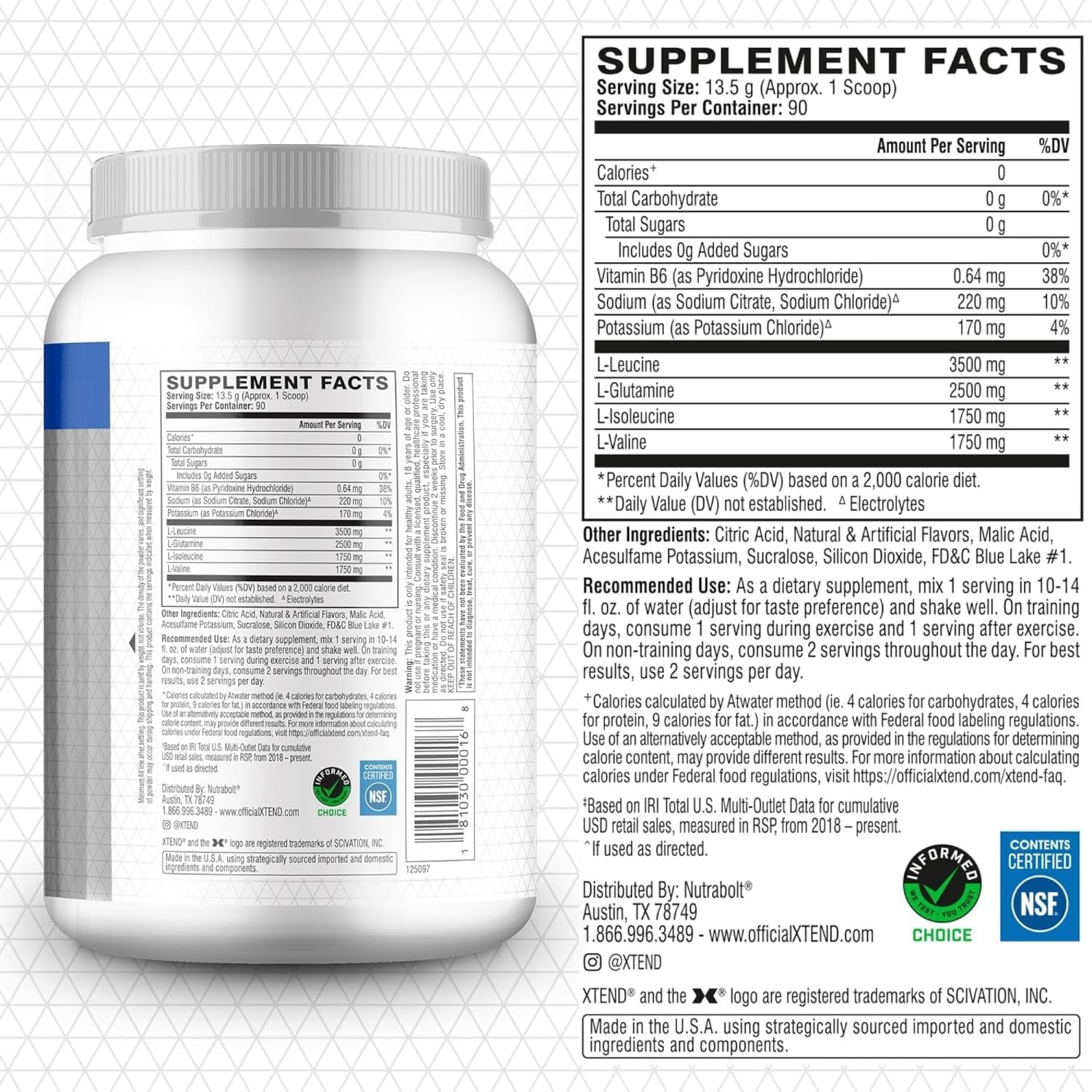 Xtend XTEND Original BCAA Powder 7g BCAA and 2.5g L-Glutamine, Sugar Free Post Workout Muscle Recovery Drink with Amino Acids for Men & Women, 90 Servings