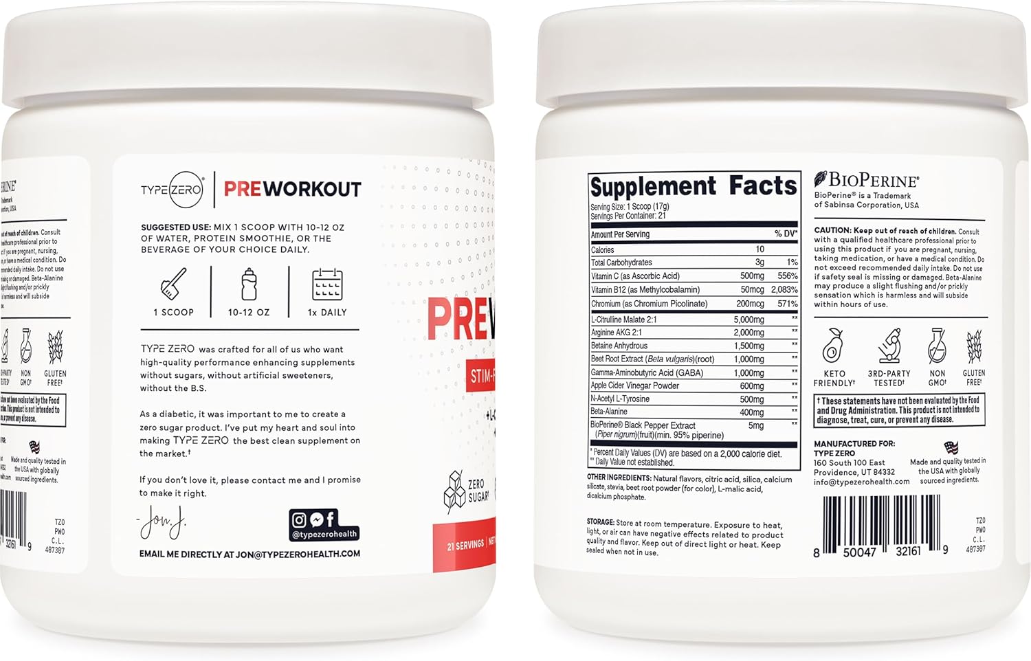 Type Zero Ultra Clean Stim Free Pump Pre Workout + Nitric Oxide Booster (Cherry Limeade) - Non Stimulating and Caffeine-Free for Men & Women